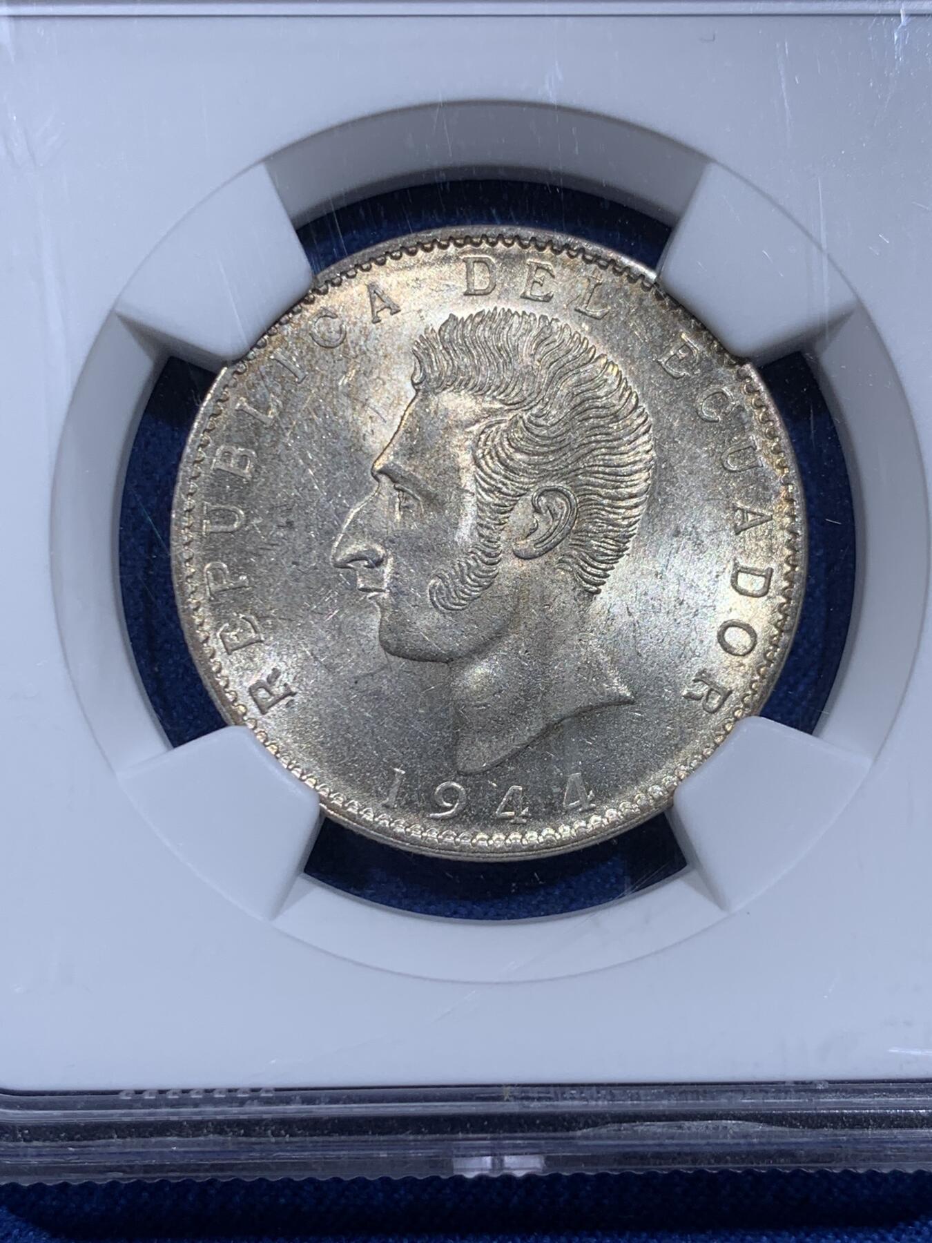 《竞宝斋》第359场 周日，周一  2场连拍 （全场包邮） NGC MS61 厄瓜多尔1944年2S银币 墨西哥代铸 小面值好品稀见 南美热门
