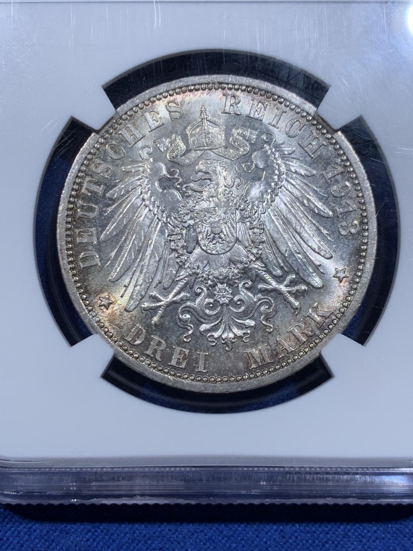《竞宝斋》第359场 周日，周一  2场连拍 （全场包邮） NGC MS62 德国 1913年 威廉二世 军装 3马克 银币 原光
