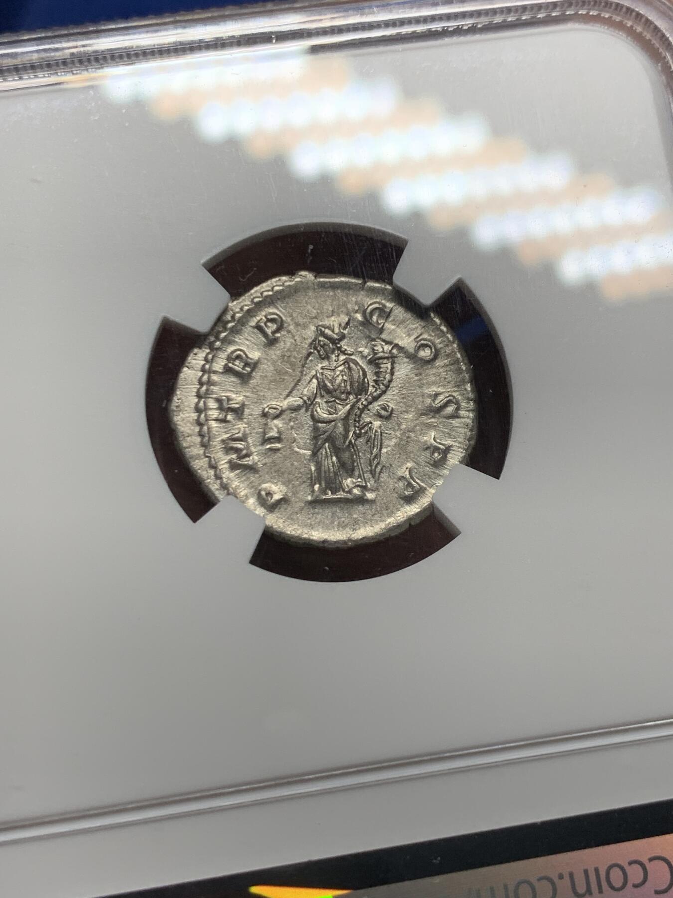 《竞宝斋》第359场 周日，周一  2场连拍 （全场包邮） NGC Ch XF 古罗马帝国222-235年亚历山大.塞维鲁皇帝第纳尔银币 保存好银光闪闪