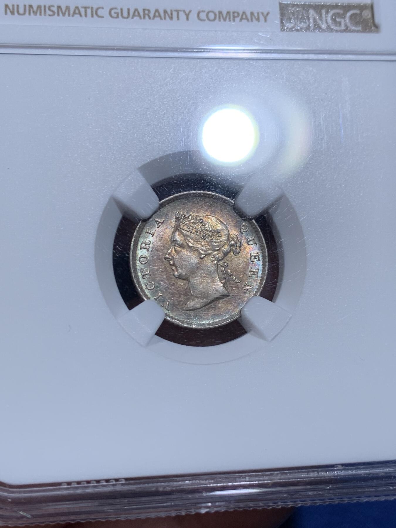 《竞宝斋》第359场 周日，周一  2场连拍 （全场包邮） NGC MS63 英属圭亚那和西印度 1891年 维多利亚 4便士银币 五彩包浆