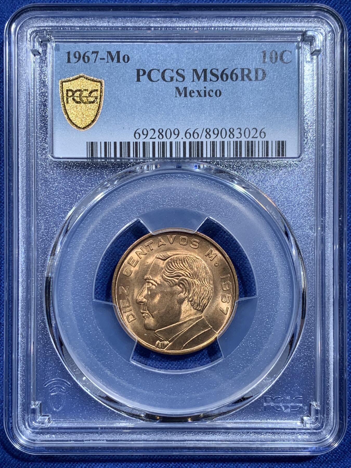 《竞宝斋》第359场 周日，周一  2场连拍 （全场包邮） PCGS MS66RD 超高分！1967墨西哥10分铜币 卷拆送评 RD来之不易 两面曝光 细节极为清晰 品相感人 小铜币可玩性很强