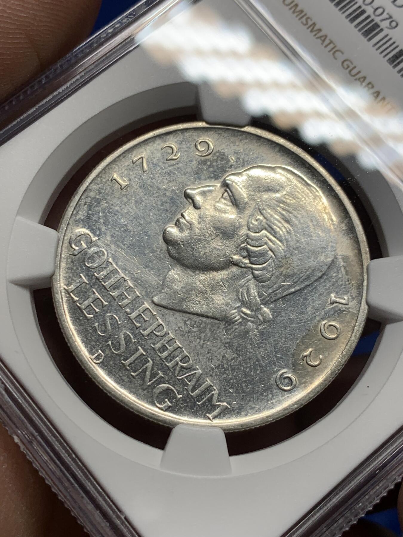 《竞宝斋》第359场 周日，周一  2场连拍 （全场包邮） NGC UNCD 德国魏玛共和国1929年戈特霍尔德·莱辛诞生200周年5马克纪念银币