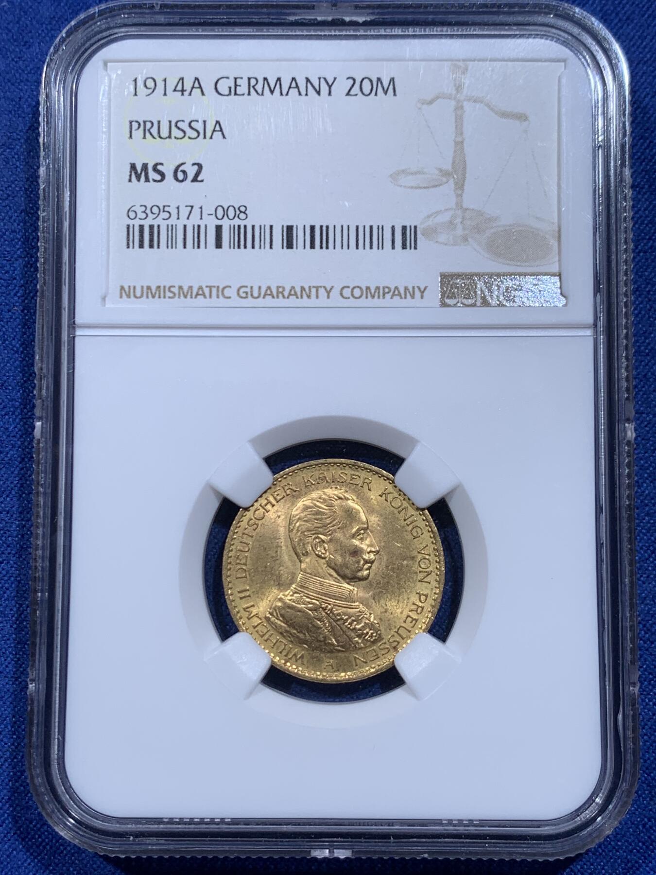 《竞宝斋》第359场 周日，周一  2场连拍 （全场包邮） NGC MS62 德国普鲁士1914年威廉二世国王军装长翅20马克金币 7.965克