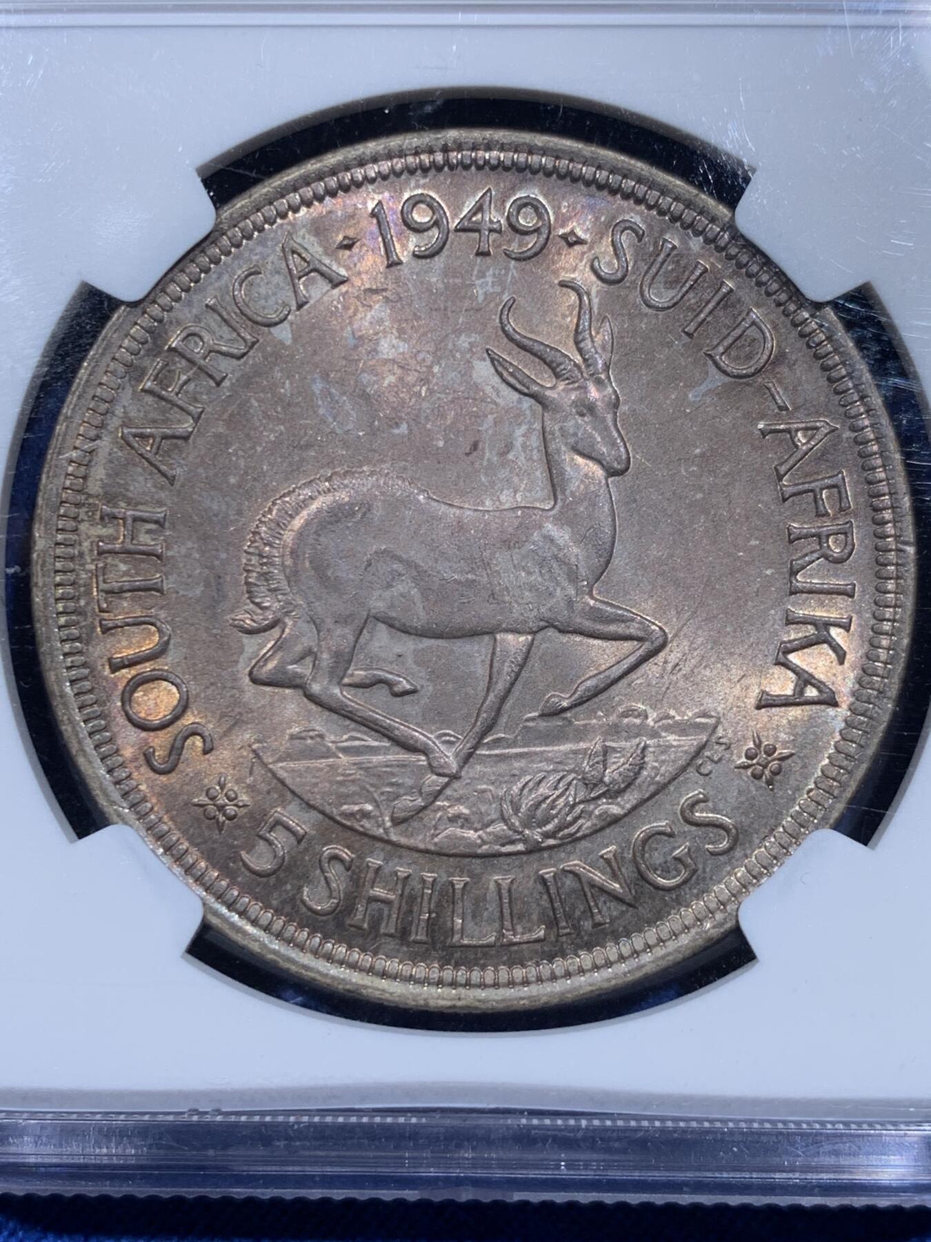 《竞宝斋》第359场 周日，周一  2场连拍 （全场包邮） NGC AU58 南非1949年乔治六世羚羊5先令银币，五彩包浆