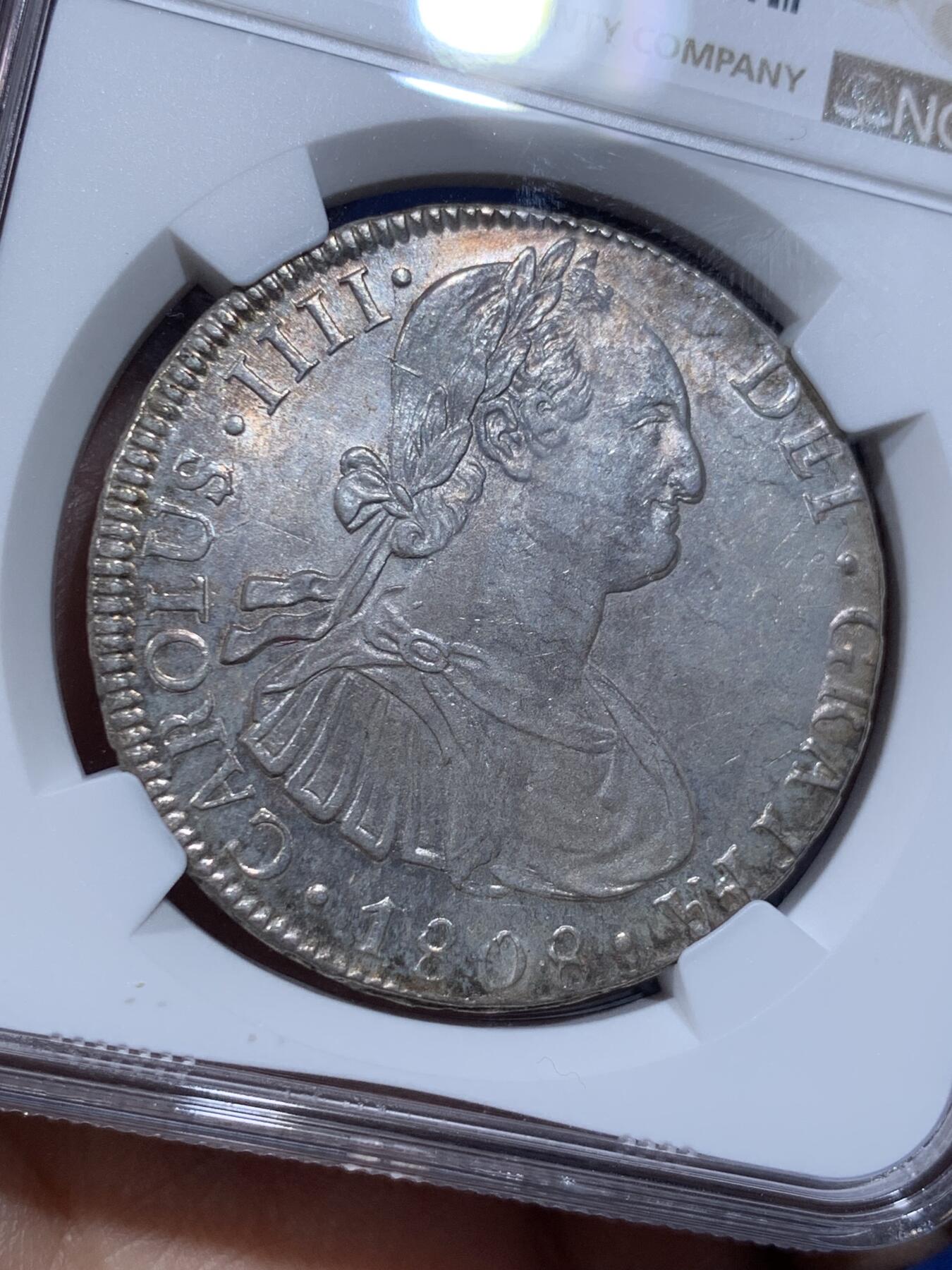 《竞宝斋》第359场 周日，周一  2场连拍 （全场包邮） NGC MS62 玻利维亚1808年卡四双柱大银币 原味包浆 双面深打 上62分挺难的
