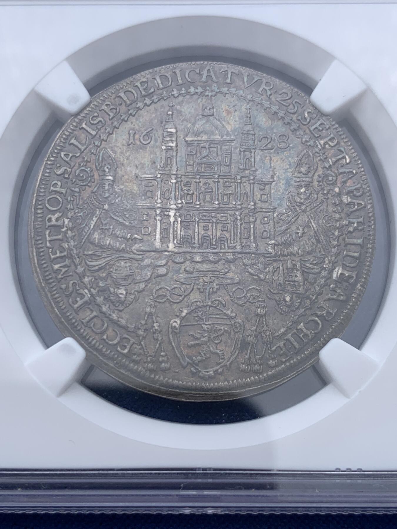 《竞宝斋》第359场 周日，周一  2场连拍 （全场包邮） NGC MS62 神圣罗马帝国萨尔茨堡 1628年 1/2泰勒 银币 稀少高分，俗称圣人抬棺银币。棺中相传为纯金版《摩西十诫》。醇美原味包浆。