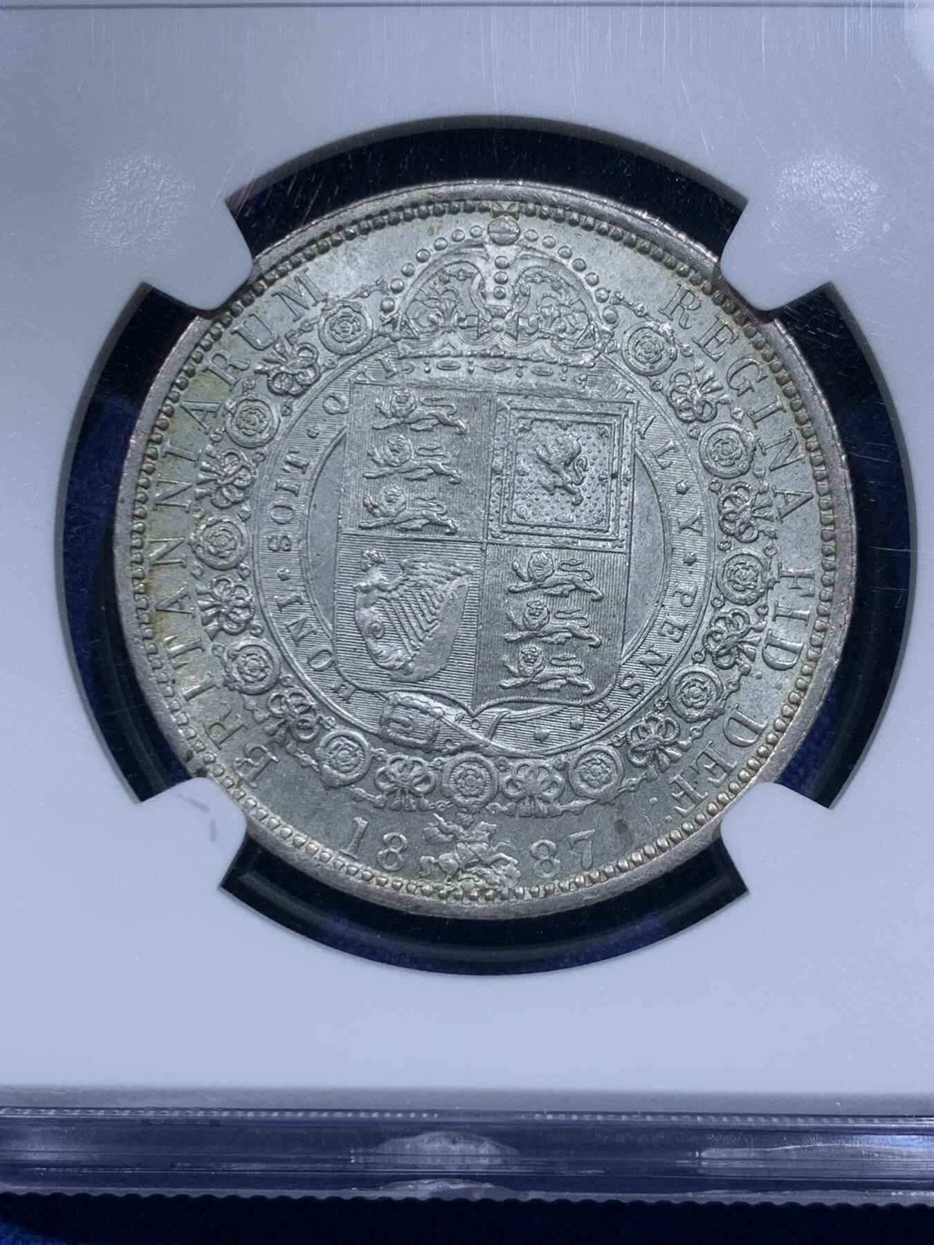 《竞宝斋》第359场 周日，周一  2场连拍 （全场包邮） NGC MS64 英国 1887年 维多利亚 高冠 1/2克朗银币
