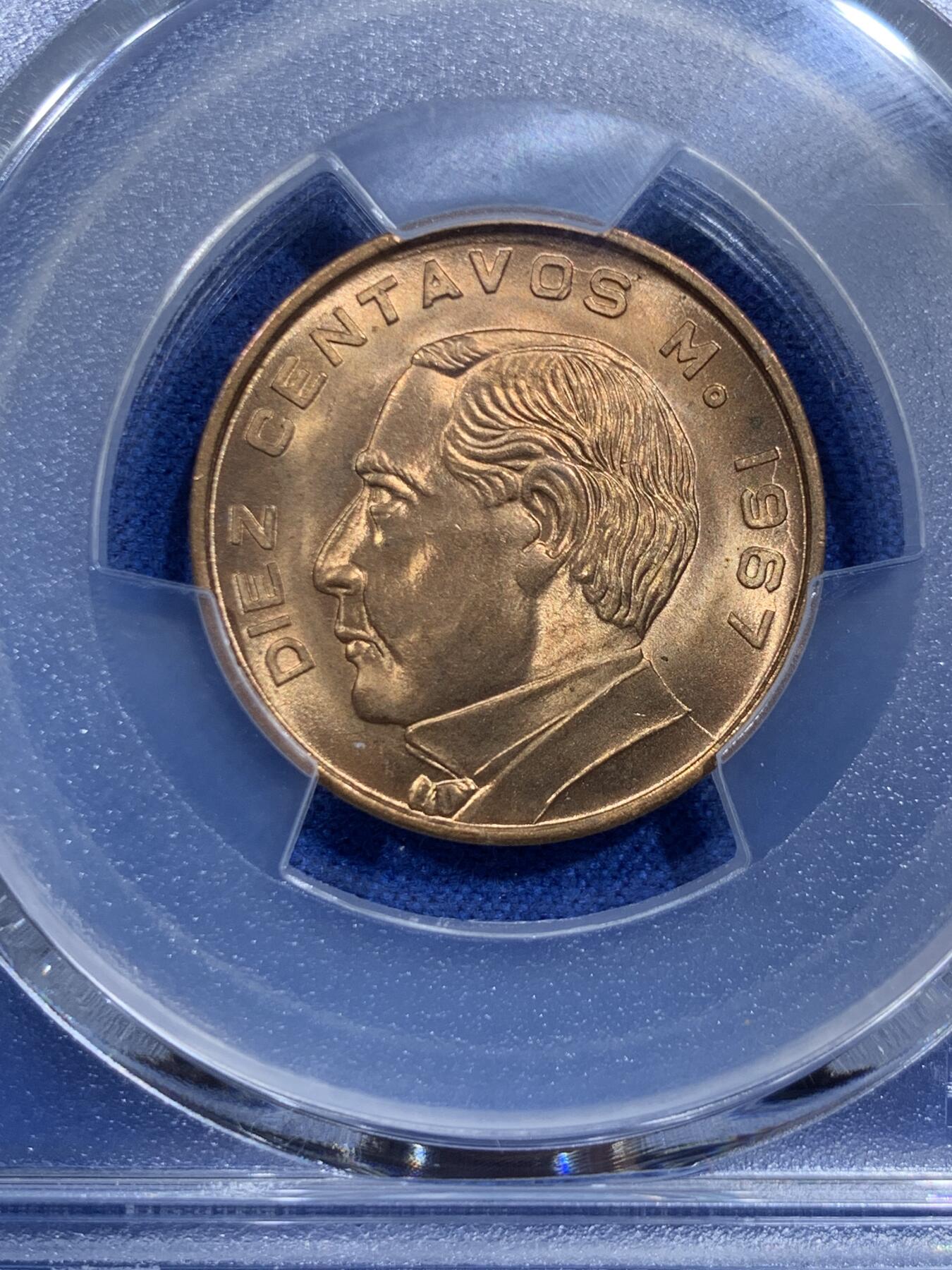《竞宝斋》第359场 周日，周一  2场连拍 （全场包邮） PCGS MS66RD 超高分！1967墨西哥10分铜币 卷拆送评 RD来之不易 两面曝光 细节极为清晰 品相感人 小铜币可玩性很强