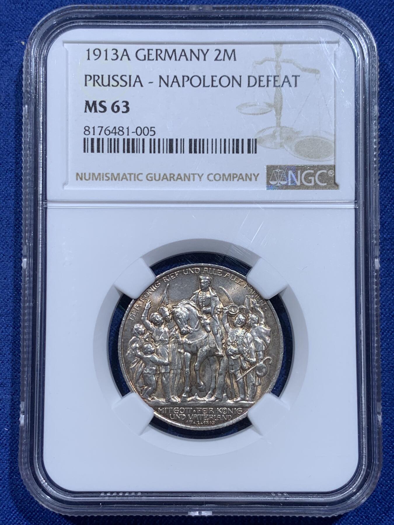 《竞宝斋》第359场 周日，周一  2场连拍 （全场包邮） NGC MS63 德国1913年普鲁士战胜拿破仑纪念2马克银币