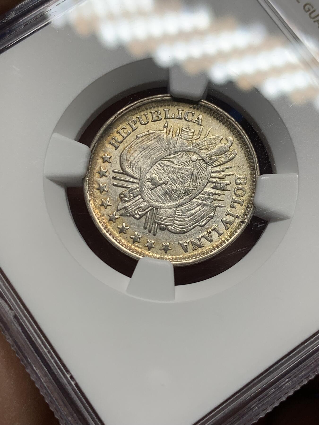 《竞宝斋》第359场 周日，周一  2场连拍 （全场包邮） NGC MS62 玻利维亚1885年20分银币
