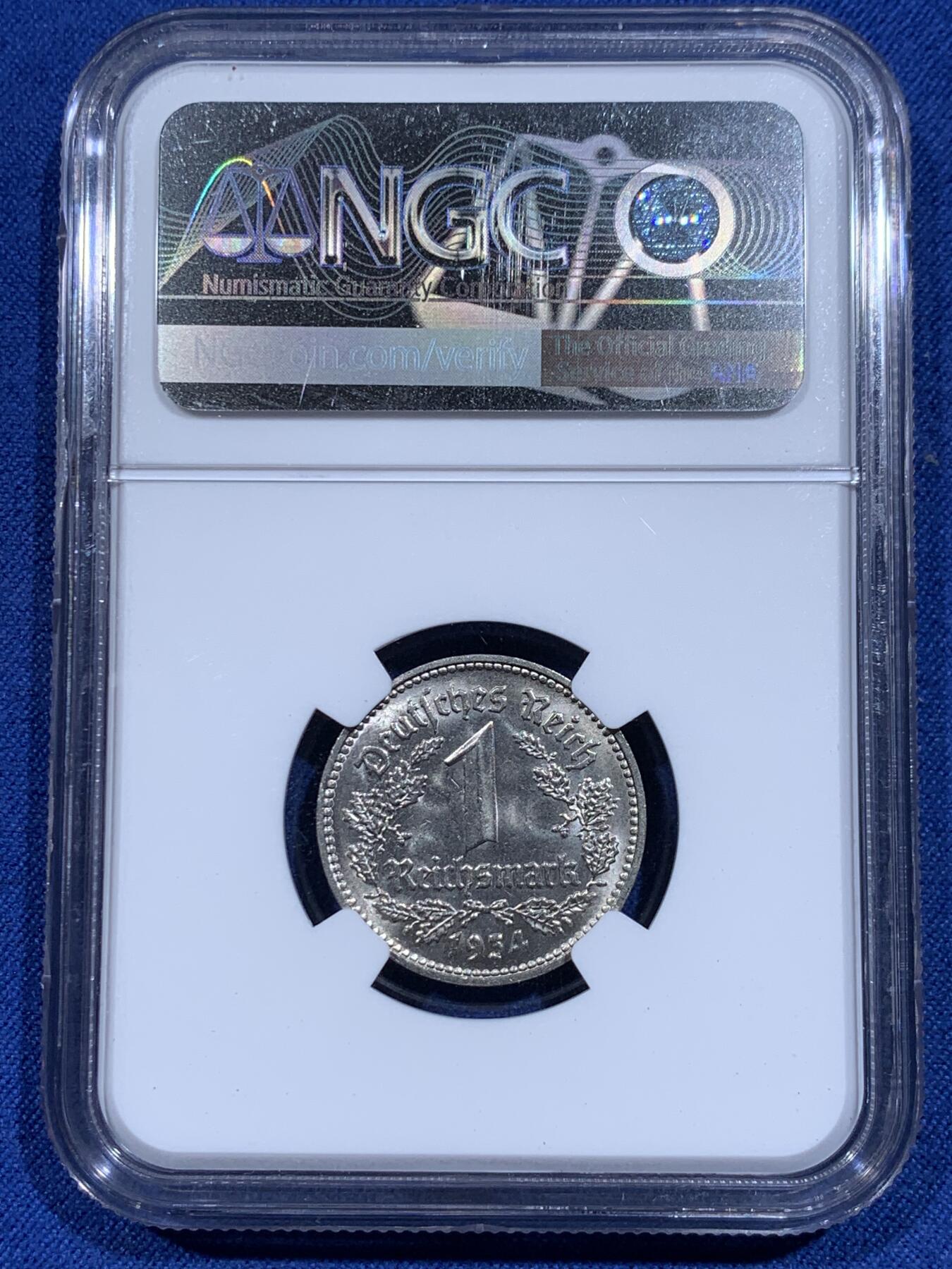 《竞宝斋》第359场 周日，周一  2场连拍 （全场包邮） NGC MS64 德国1934年D版1马克纯镍币，少见品质，上MS稀少，亚军分。