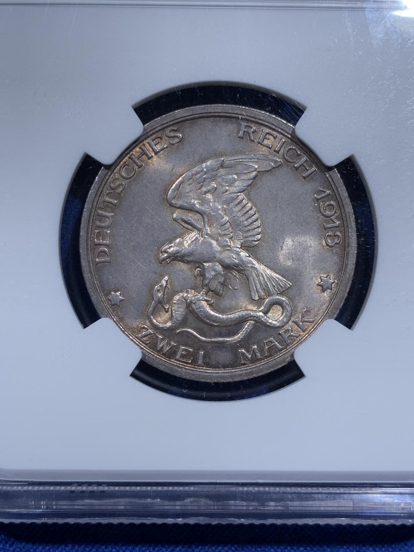《竞宝斋》第359场 周日，周一  2场连拍 （全场包邮） NGC MS63 德国1913年普鲁士战胜拿破仑纪念2马克银币