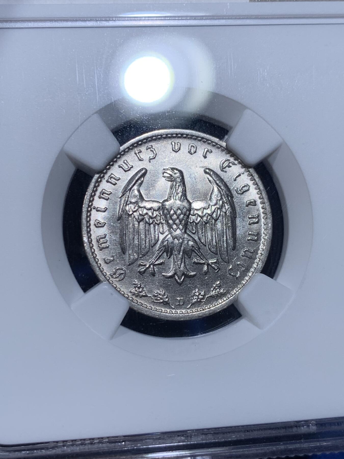 《竞宝斋》第359场 周日，周一  2场连拍 （全场包邮） NGC MS64 德国1934年D版1马克纯镍币，少见品质，上MS稀少，亚军分。