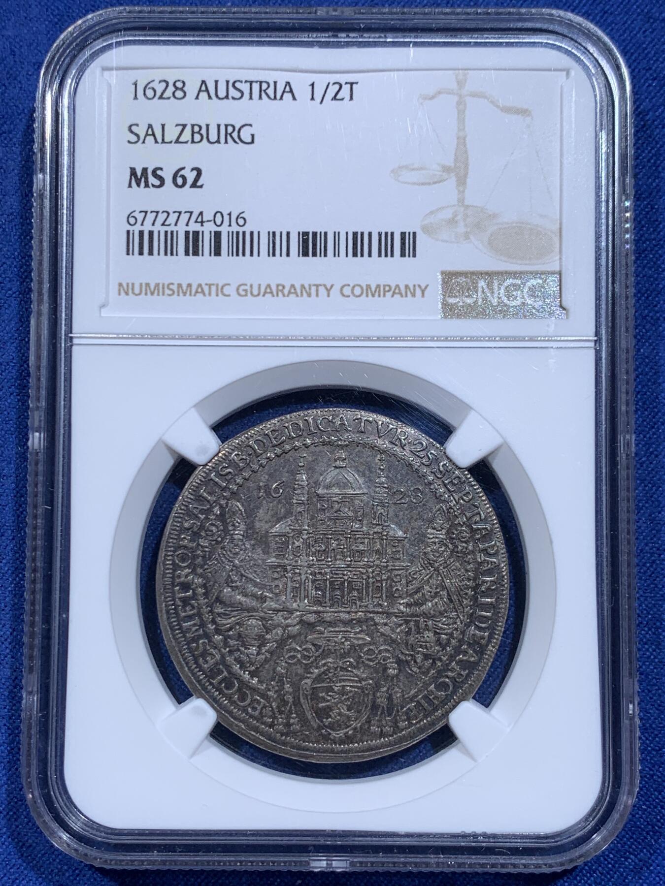 《竞宝斋》第359场 周日，周一  2场连拍 （全场包邮） NGC MS62 神圣罗马帝国萨尔茨堡 1628年 1/2泰勒 银币 稀少高分，俗称圣人抬棺银币。棺中相传为纯金版《摩西十诫》。醇美原味包浆。