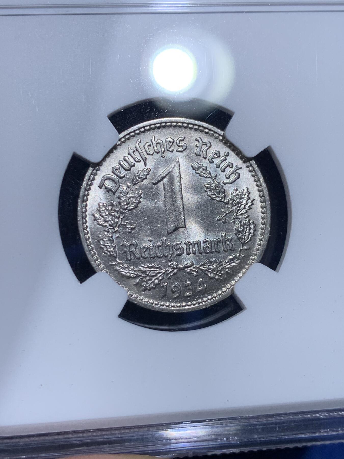 《竞宝斋》第359场 周日，周一  2场连拍 （全场包邮） NGC MS64 德国1934年D版1马克纯镍币，少见品质，上MS稀少，亚军分。