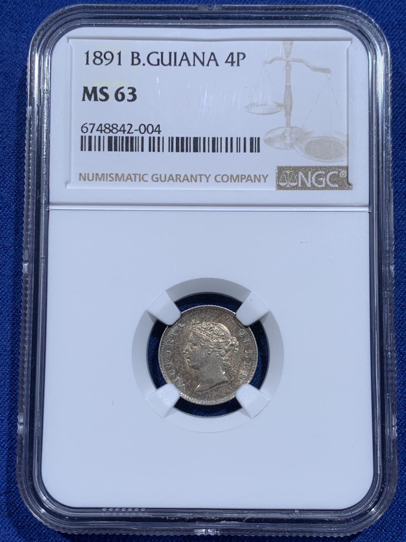 《竞宝斋》第359场 周日，周一  2场连拍 （全场包邮） NGC MS63 英属圭亚那和西印度 1891年 维多利亚 4便士银币 五彩包浆