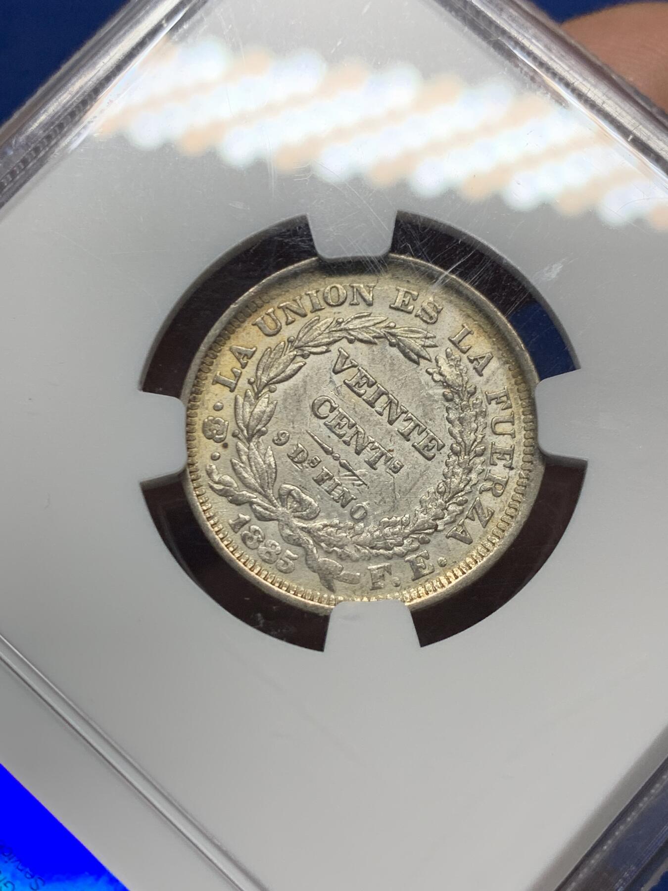 《竞宝斋》第359场 周日，周一  2场连拍 （全场包邮） NGC MS62 玻利维亚1885年20分银币