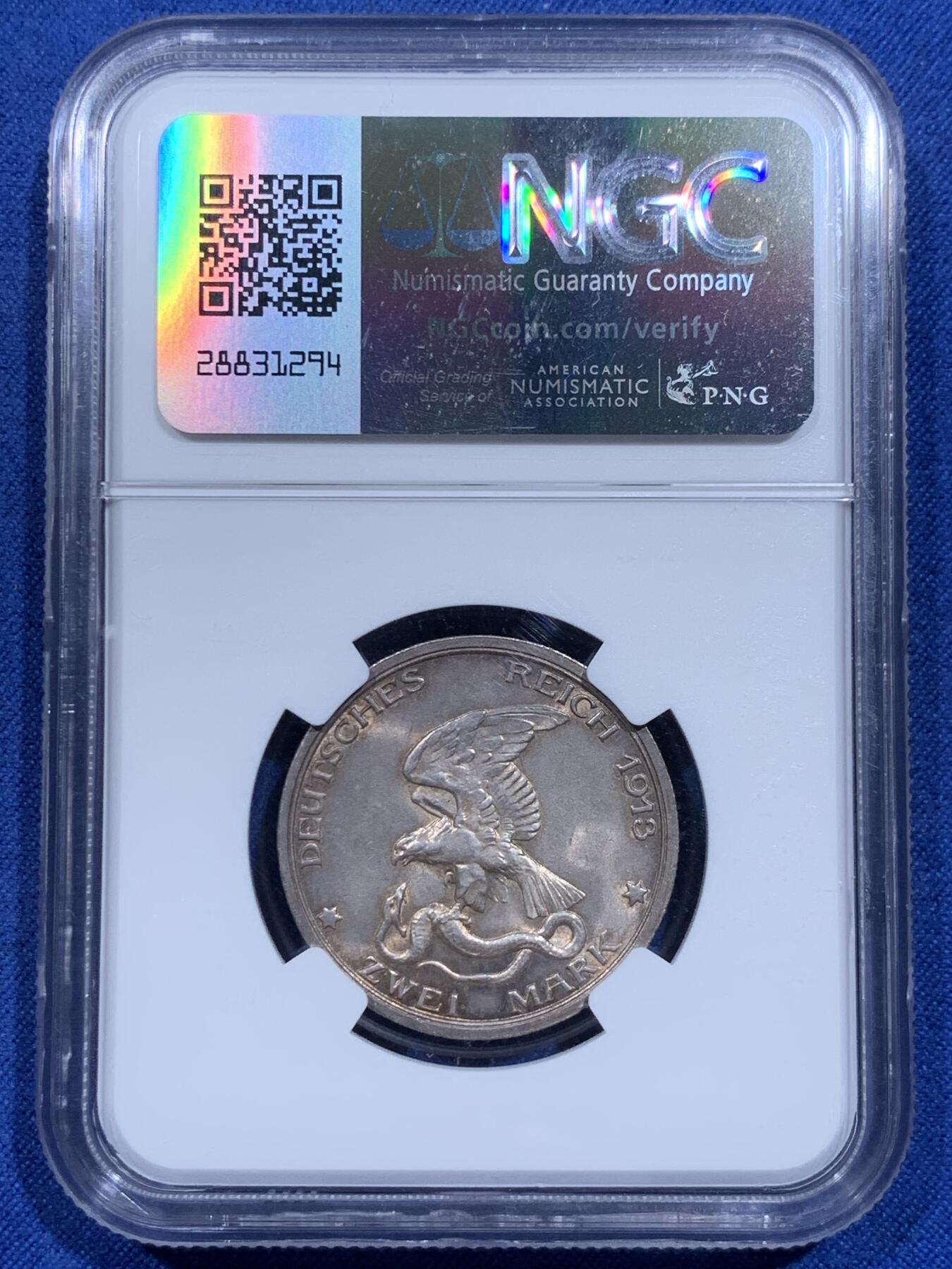 《竞宝斋》第359场 周日，周一  2场连拍 （全场包邮） NGC MS63 德国1913年普鲁士战胜拿破仑纪念2马克银币