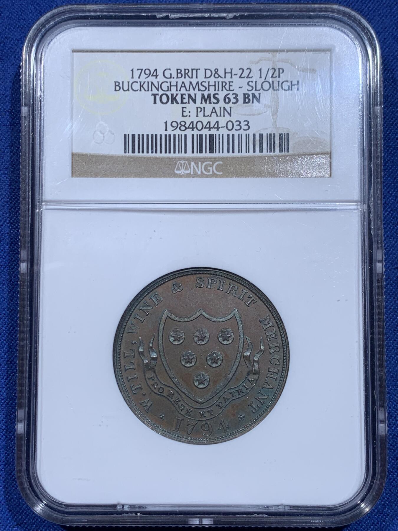 《竞宝斋》第359场 周日，周一  2场连拍 （全场包邮） NGC MS63BN 英国白金汉郡1794年立狮半便士 著名的“红狮酒店”代用币 稀少品种 东西明显低评了