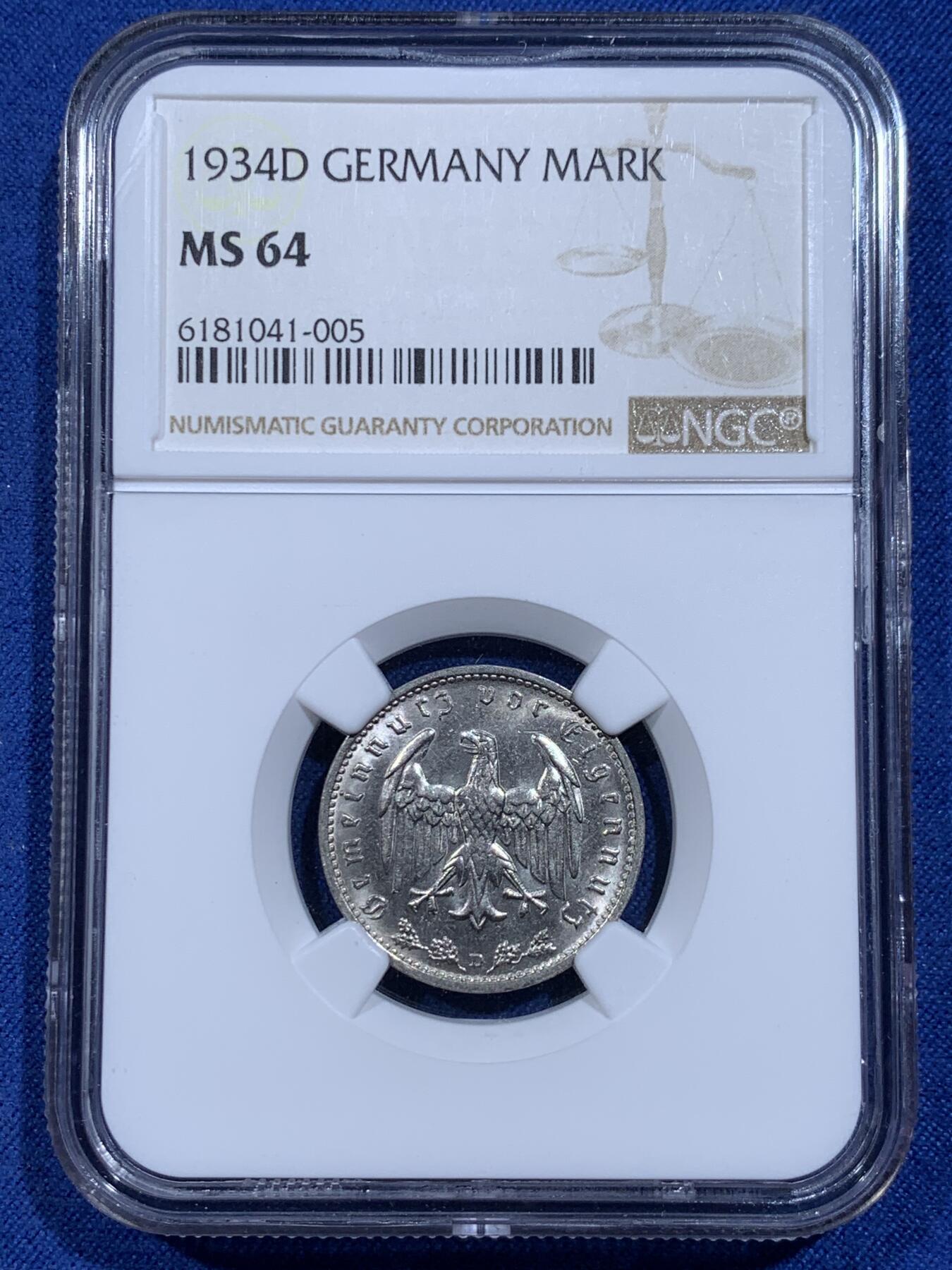 《竞宝斋》第359场 周日，周一  2场连拍 （全场包邮） NGC MS64 德国1934年D版1马克纯镍币，少见品质，上MS稀少，亚军分。