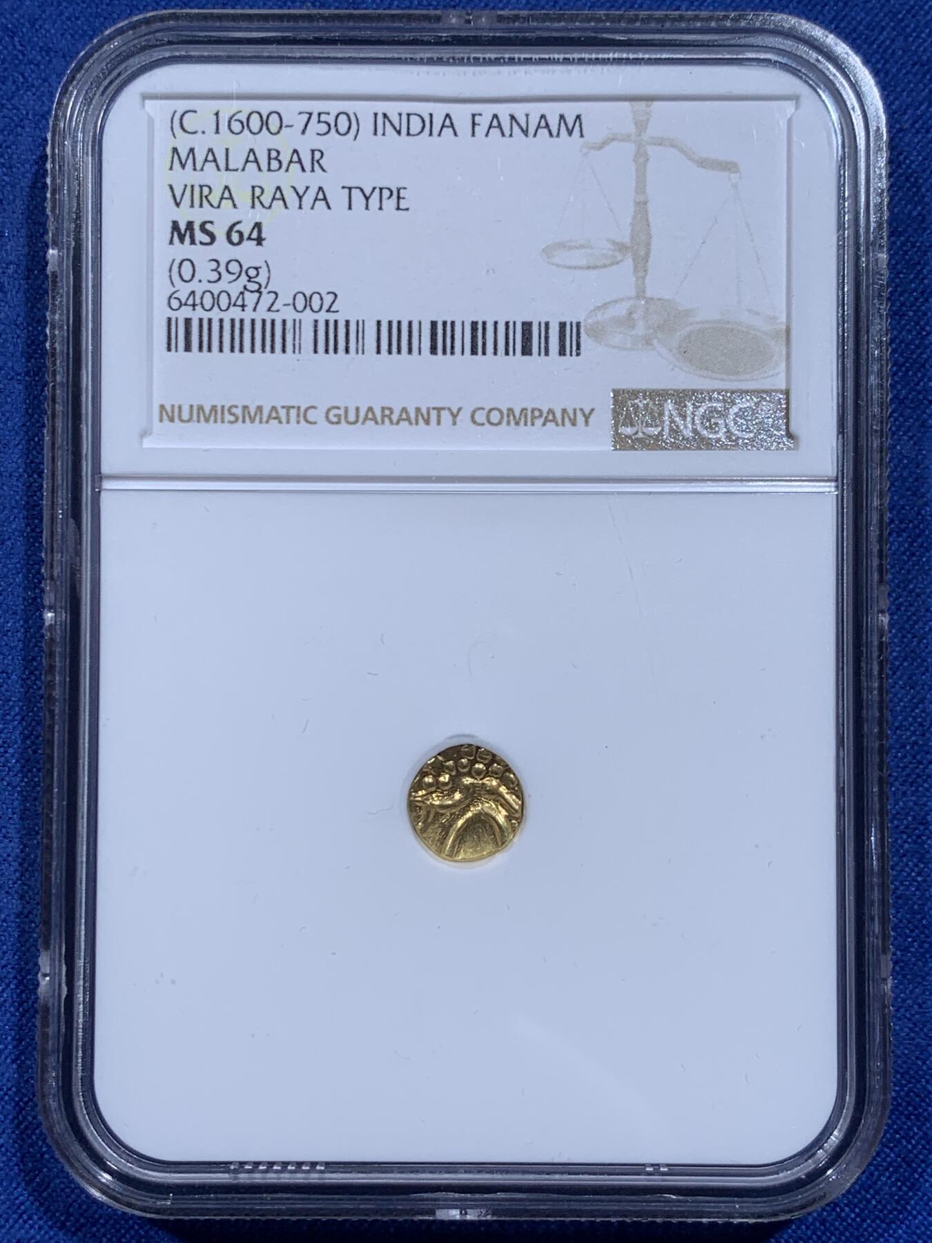 《竞宝斋》第359场 周日，周一  2场连拍 （全场包邮） NGC MS64 印度1600-1750年法兰金币 科钦邦抽象狮子打制金币 高分好状态