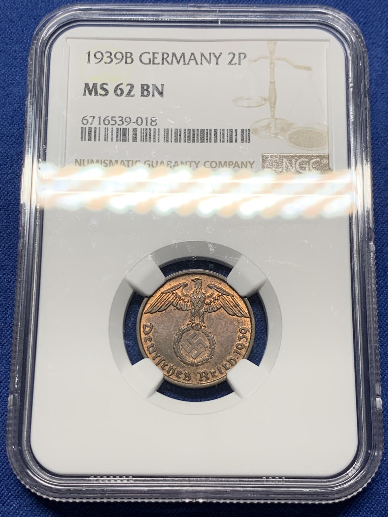 《竞宝斋》第359场 周日，周一  2场连拍 （全场包邮） NGC MS62RB 1939年德意志第三帝国2芬尼
