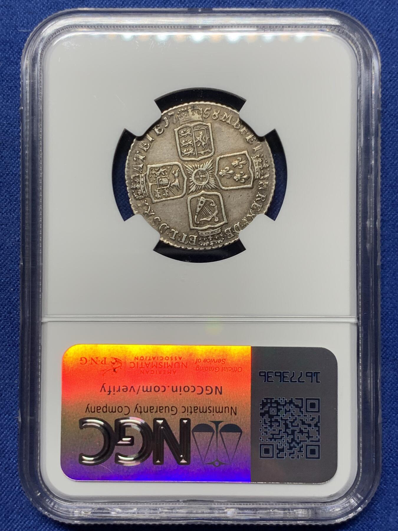 《竞宝斋》第359场 周日，周一  2场连拍 （全场包邮） NGC AU53 英国1758年乔治二世1先令银币 汉诺威王朝早期品种 老欧洲包浆 全深打 压印保存得不错