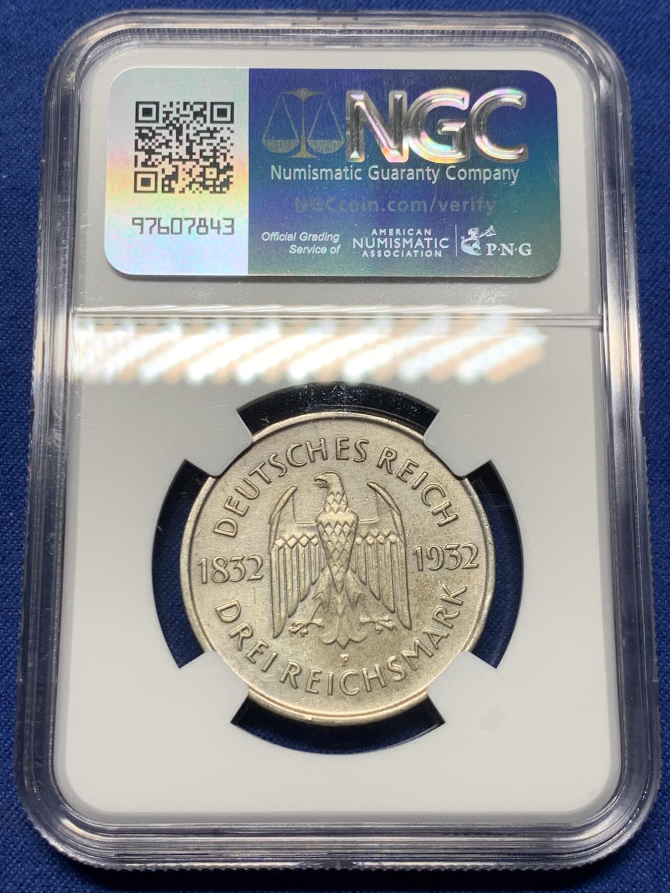 《竞宝斋》第359场 周日，周一  2场连拍 （全场包邮） NGC AUD 德国魏玛1932F歌德逝世百年3马克银币