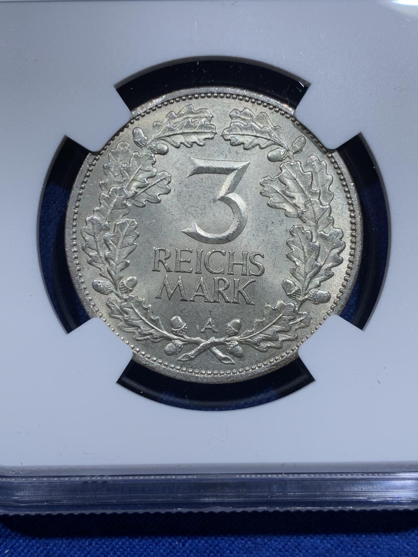 《竞宝斋》第359场 周日，周一  2场连拍 （全场包邮） NGC MS63 德国魏玛共和国1925年A版魏玛莱茵千年3马克银币