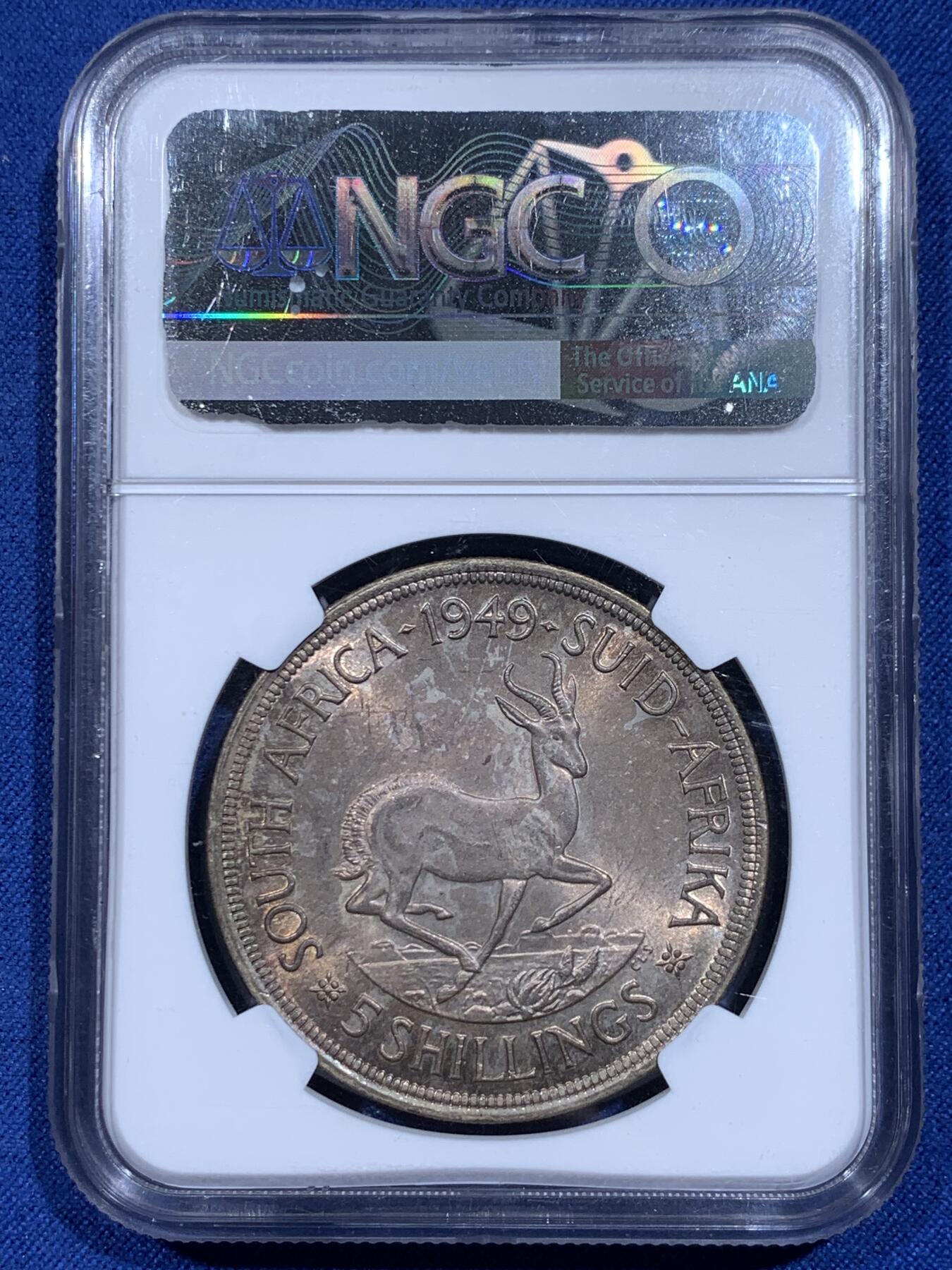 《竞宝斋》第359场 周日，周一  2场连拍 （全场包邮） NGC AU58 南非1949年乔治六世羚羊5先令银币，五彩包浆