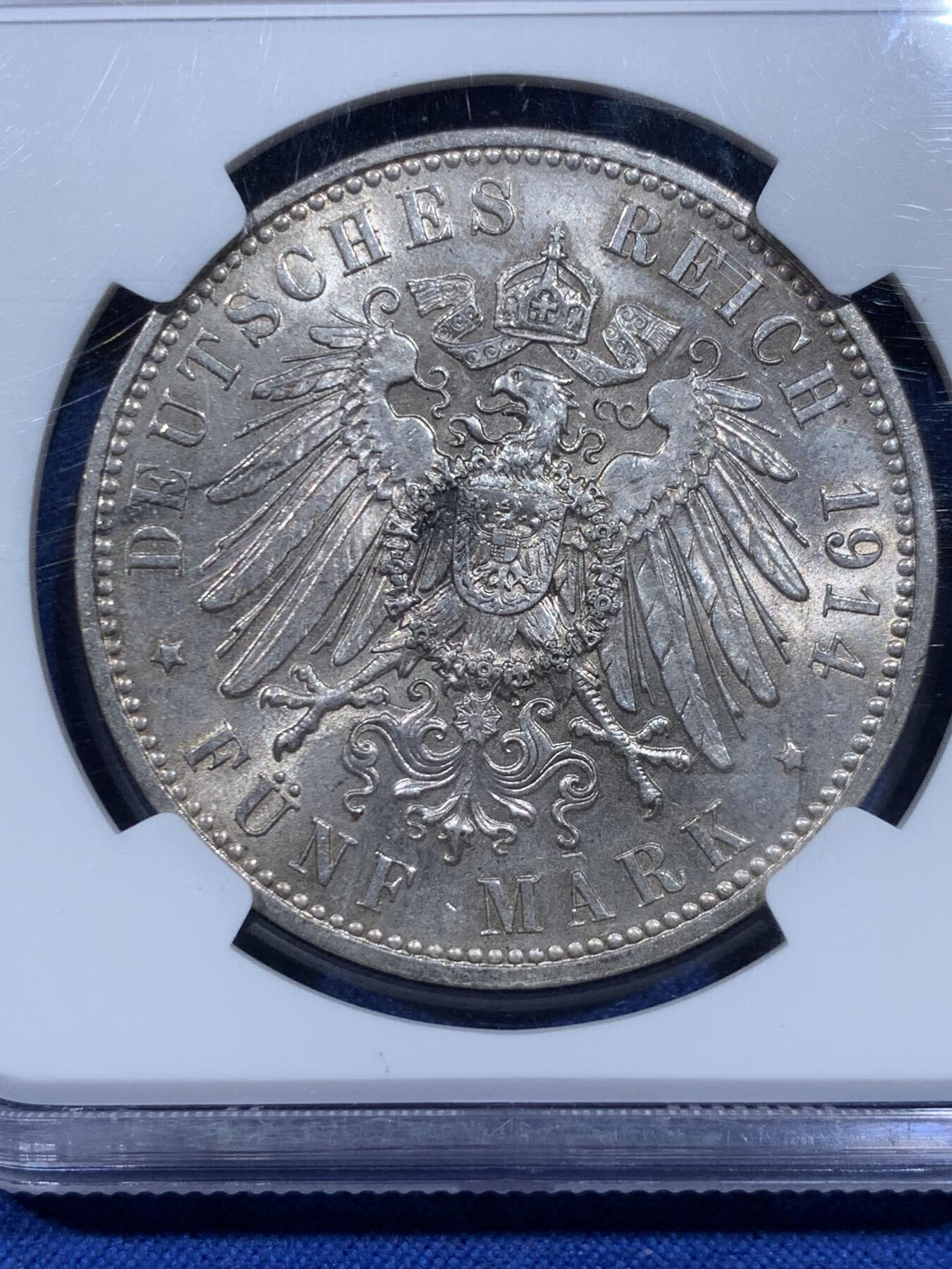 《竞宝斋》第359场 周日，周一  2场连拍 （全场包邮） NGC MS63+ 德国1914年萨克森奥古斯特5马克大银币，普品常见，好品难得。