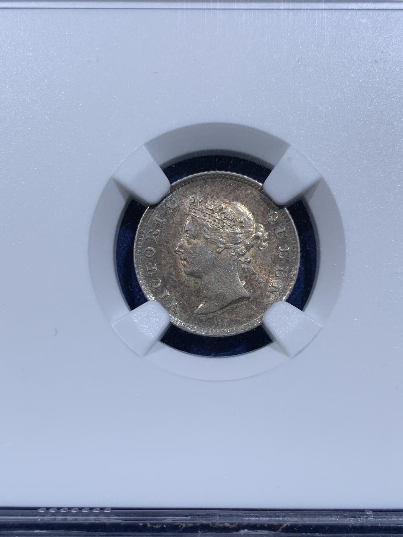 《竞宝斋》第359场 周日，周一  2场连拍 （全场包邮） NGC MS63 英属圭亚那和西印度 1891年 维多利亚 4便士银币 五彩包浆