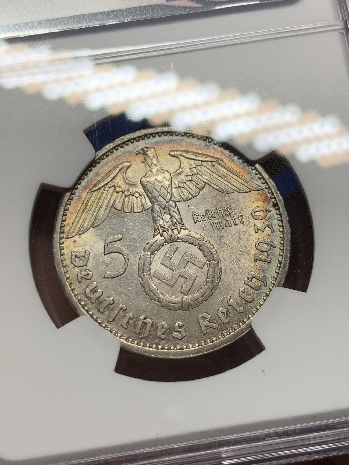 《竞宝斋》第359场 周日，周一  2场连拍 （全场包邮） NGC MS62 德国1939年A版兴登堡5马克银币 双面淡五彩包浆 非常漂亮 状态难得