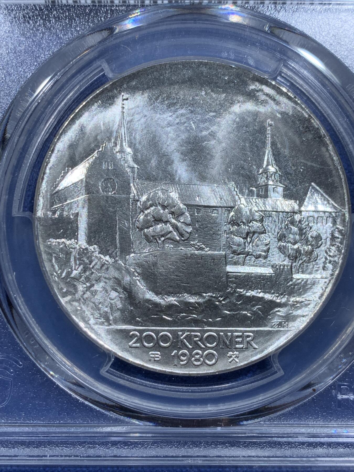 《竞宝斋》第359场 周日，周一  2场连拍 （全场包邮） PCGS MS68 挪威1980年纪念解放35周年200克朗银币 亚军分 更高分仅一枚