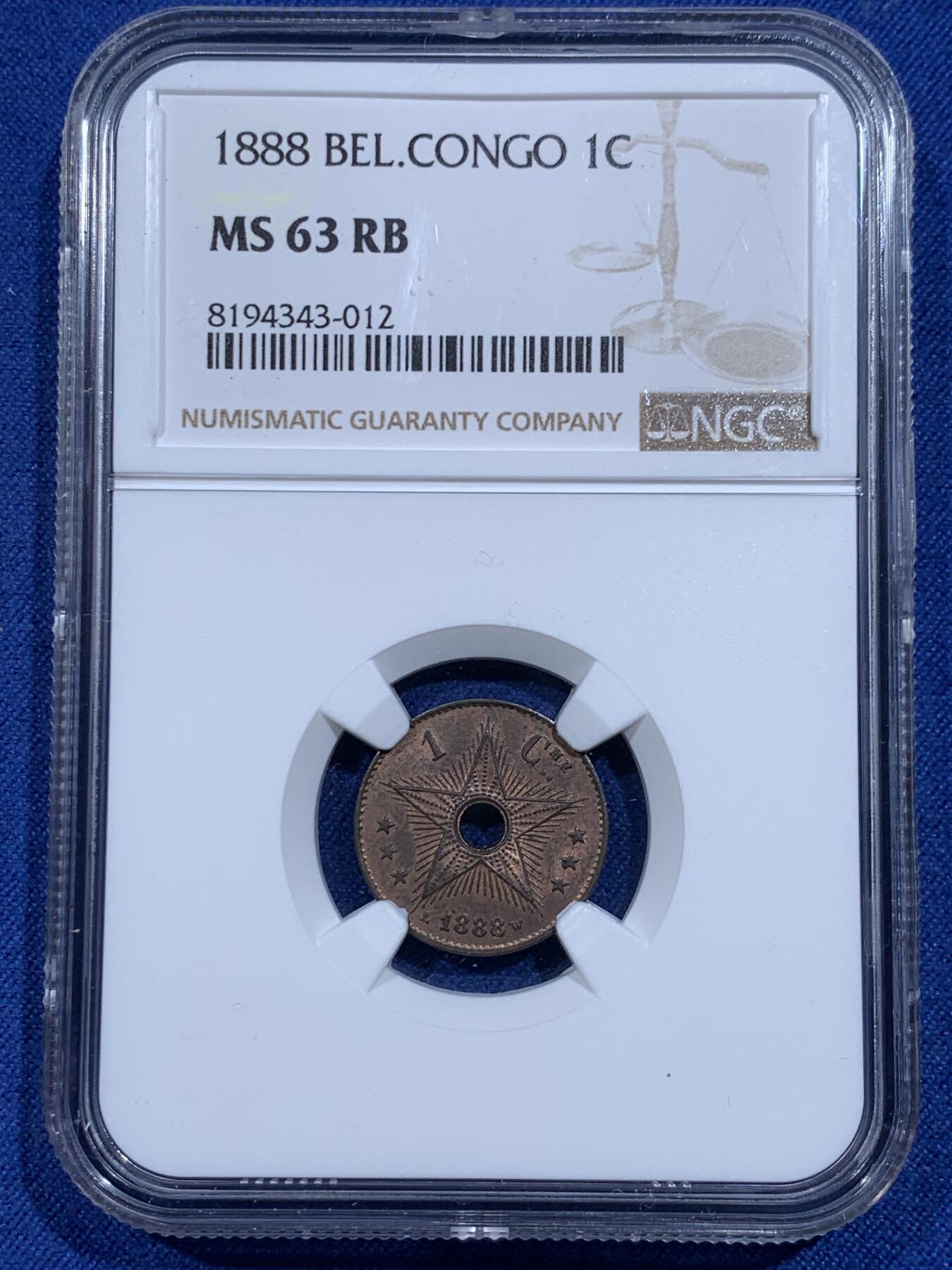 《竞宝斋》第359场 周日，周一  2场连拍 （全场包邮） NGC MS63RB 比属刚果1888年1分小铜币 两面原铜光 细节清晰 划痕少 个人认为低评了 高价品种