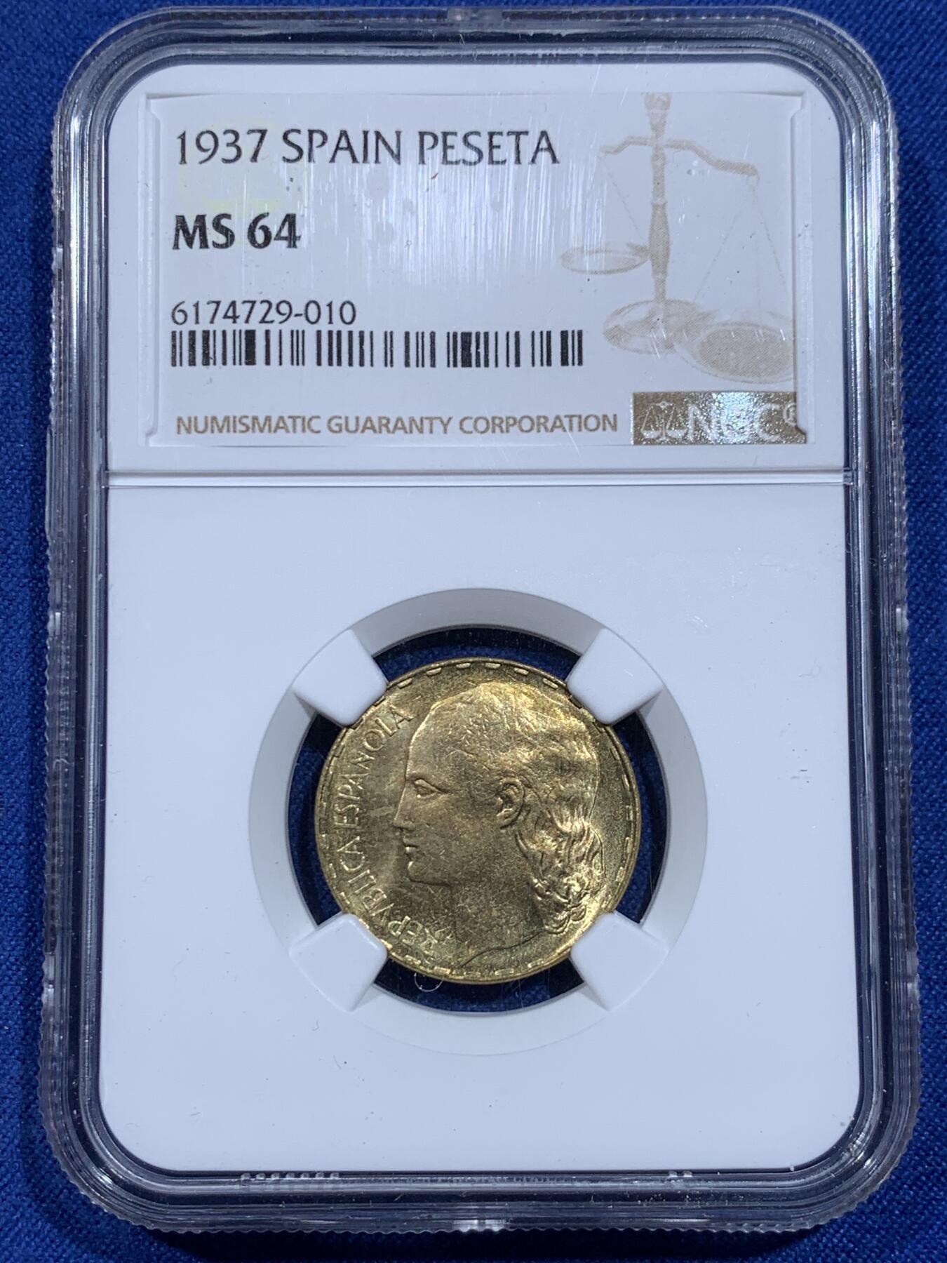 《竞宝斋》第359场 周日，周一  2场连拍 （全场包邮） NGC MS64 西班牙1937年内战1比塞塔黄铜币 留存下来的不多 这样的品相就更加少见了