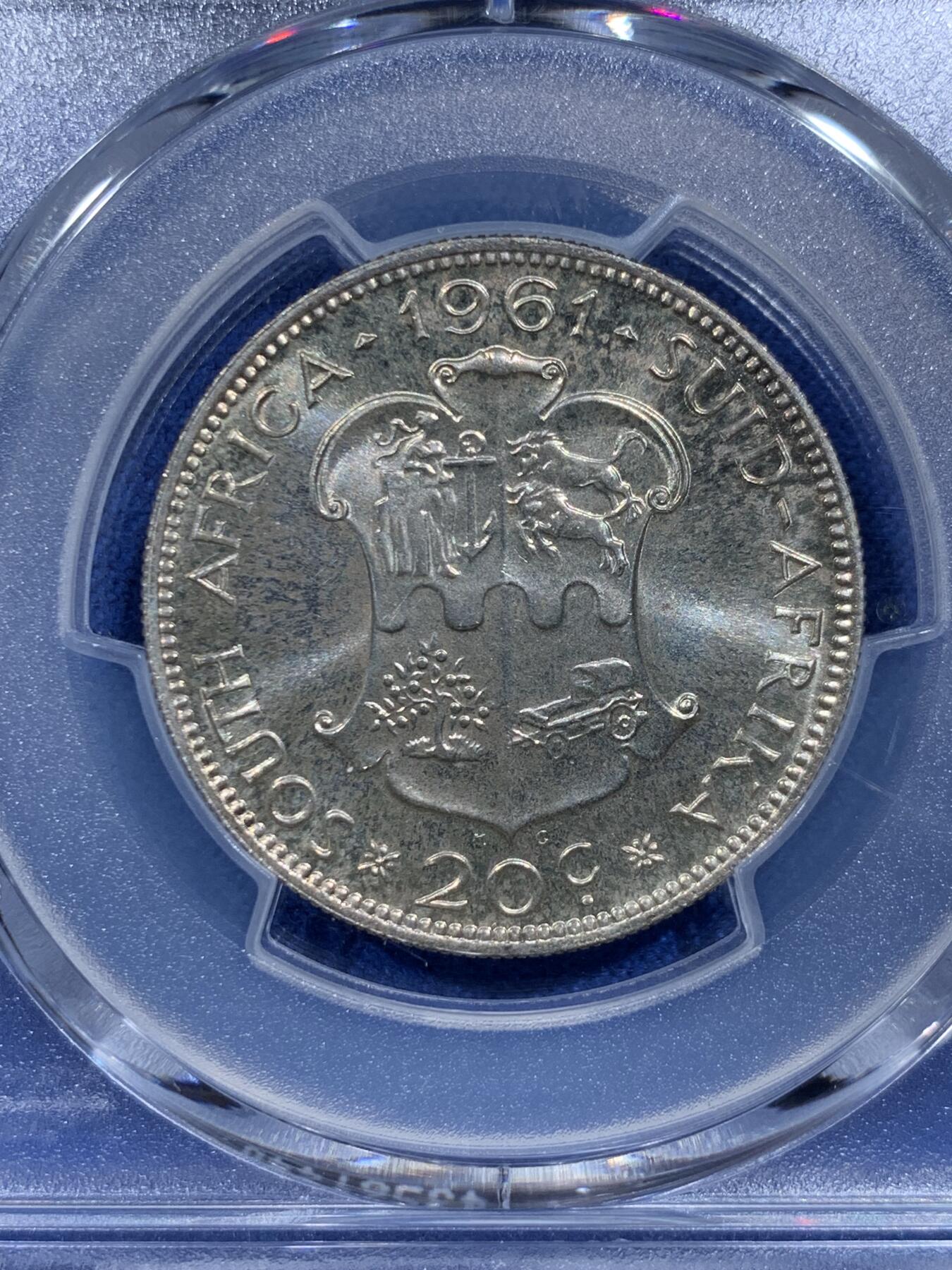 《竞宝斋》第359场 周日，周一  2场连拍 （全场包邮） PCGS MS65 南非1961年20分银币 很不错的一枚包浆币 两面转光 南非热门品种 这个面值不多见 可藏