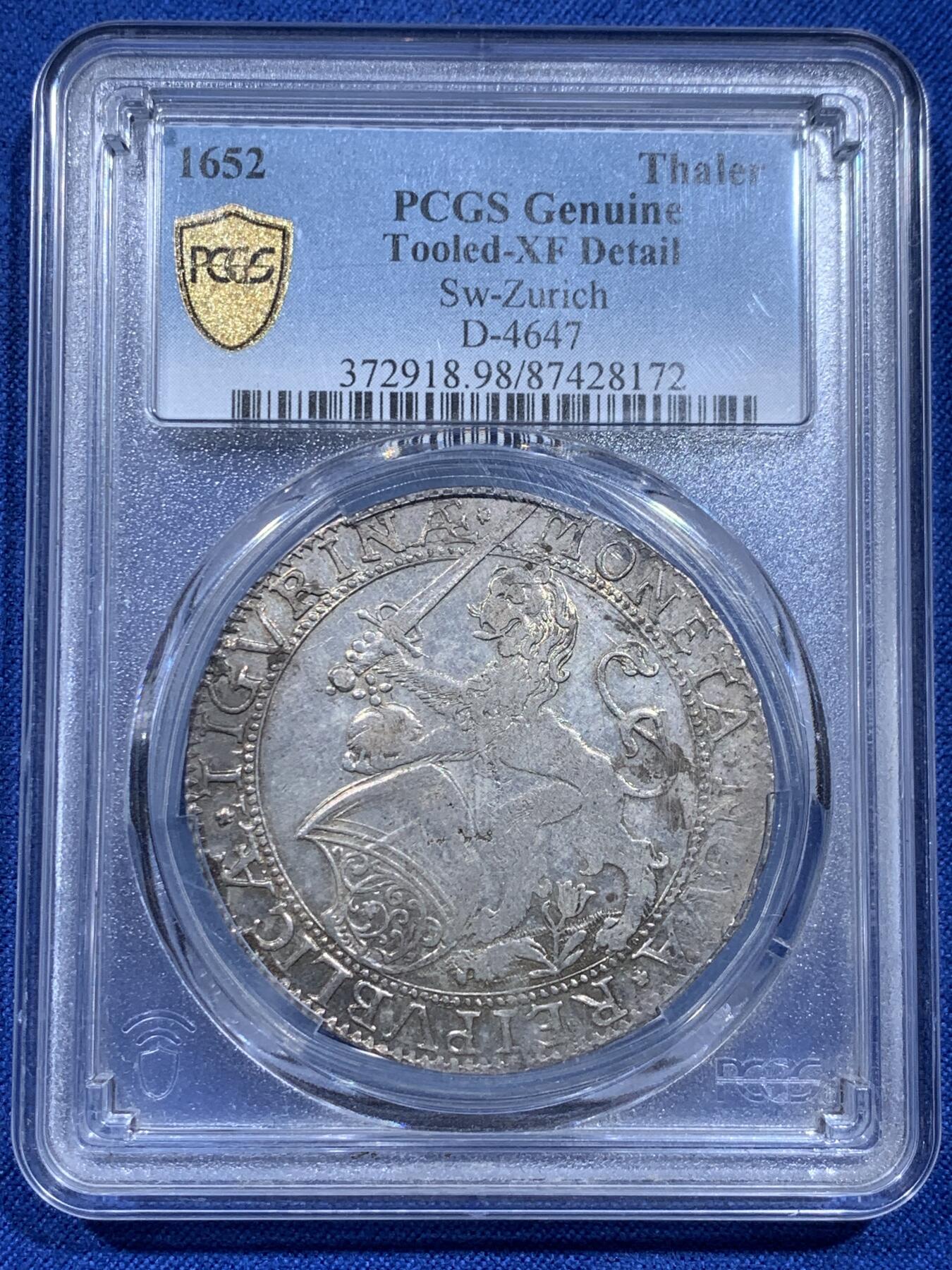 《竞宝斋》第359场 周日，周一  2场连拍 （全场包邮） PCGS XFD 瑞士苏黎世1652年1泰勒银币