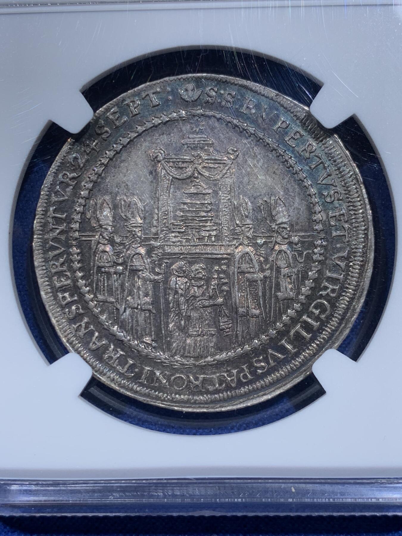 《竞宝斋》第359场 周日，周一  2场连拍 （全场包邮） NGC MS62 神圣罗马帝国萨尔茨堡 1628年 1/2泰勒 银币 稀少高分，俗称圣人抬棺银币。棺中相传为纯金版《摩西十诫》。醇美原味包浆。