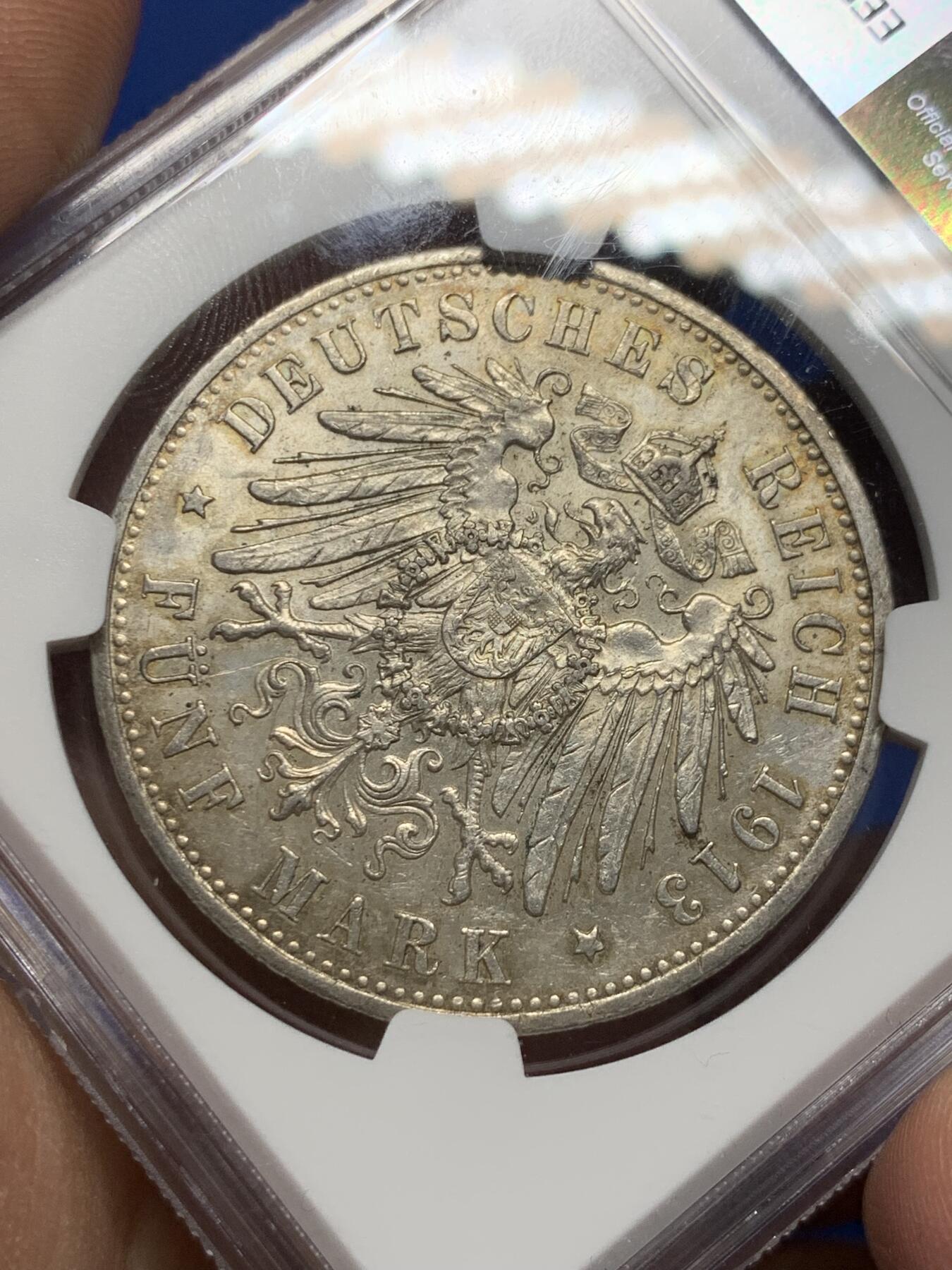 《竞宝斋》第359场 周日，周一  2场连拍 （全场包邮） NGC AU53 德国普鲁士1913年威廉二世戎装5马克银币