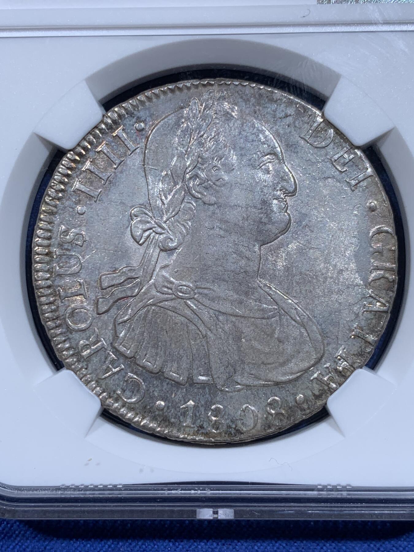 《竞宝斋》第359场 周日，周一  2场连拍 （全场包邮） NGC MS62 玻利维亚1808年卡四双柱大银币 原味包浆 双面深打 上62分挺难的