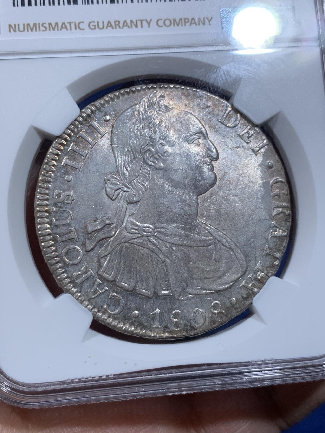 《竞宝斋》第359场 周日，周一  2场连拍 （全场包邮） NGC MS62 玻利维亚1808年卡四双柱大银币 原味包浆 双面深打 上62分挺难的