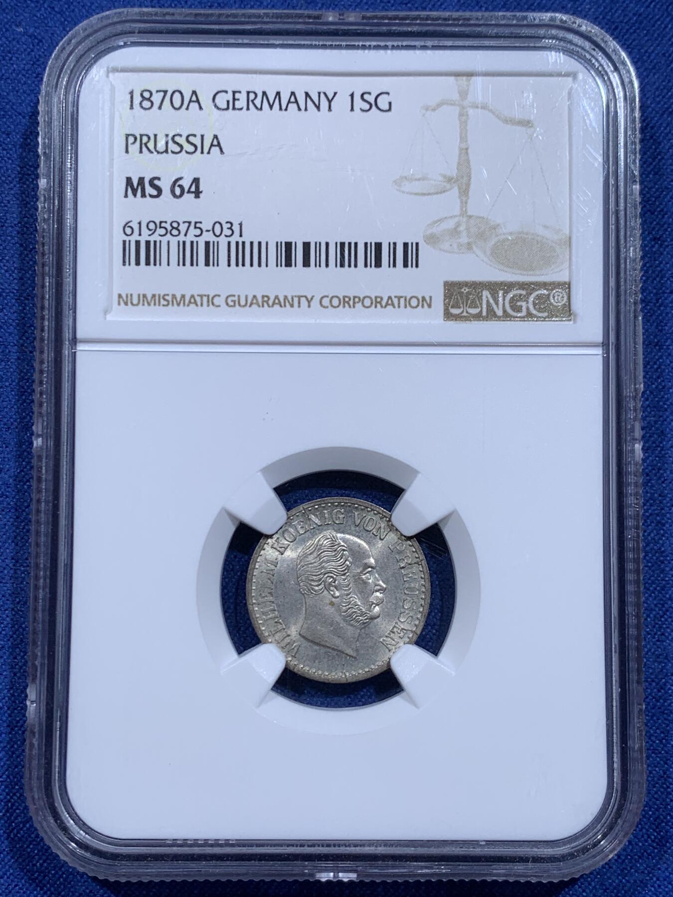 《竞宝斋》第359场 周日，周一  2场连拍 （全场包邮） NGC MS64 德国普鲁士1870A威廉一世1SG银币