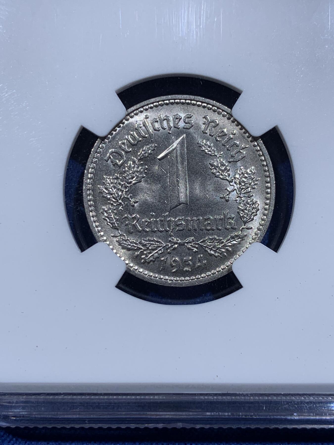 《竞宝斋》第359场 周日，周一  2场连拍 （全场包邮） NGC MS64 德国1934年D版1马克纯镍币，少见品质，上MS稀少，亚军分。