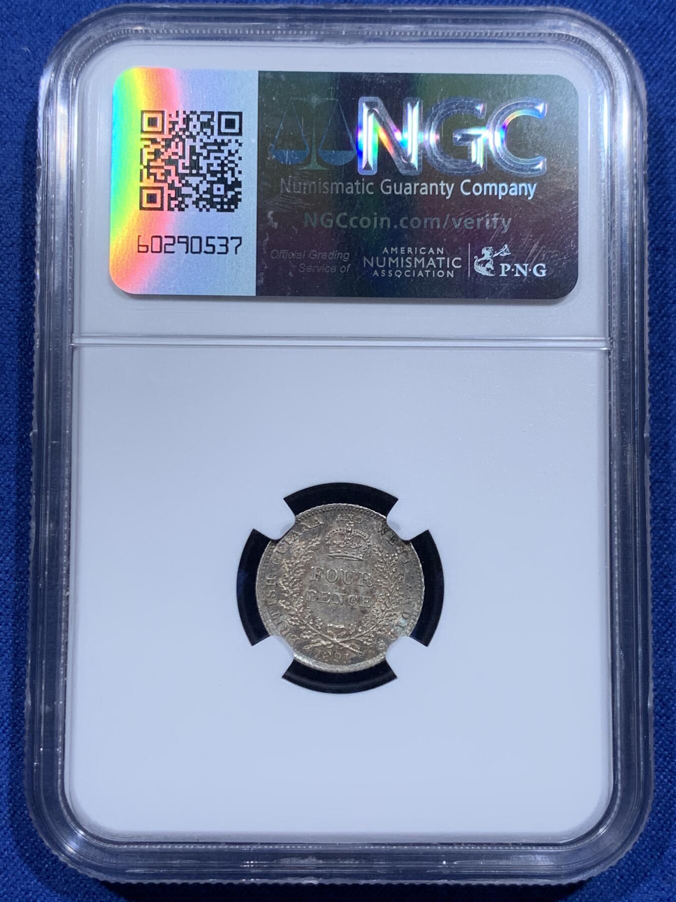 《竞宝斋》第359场 周日，周一  2场连拍 （全场包邮） NGC MS63 英属圭亚那和西印度 1891年 维多利亚 4便士银币 五彩包浆