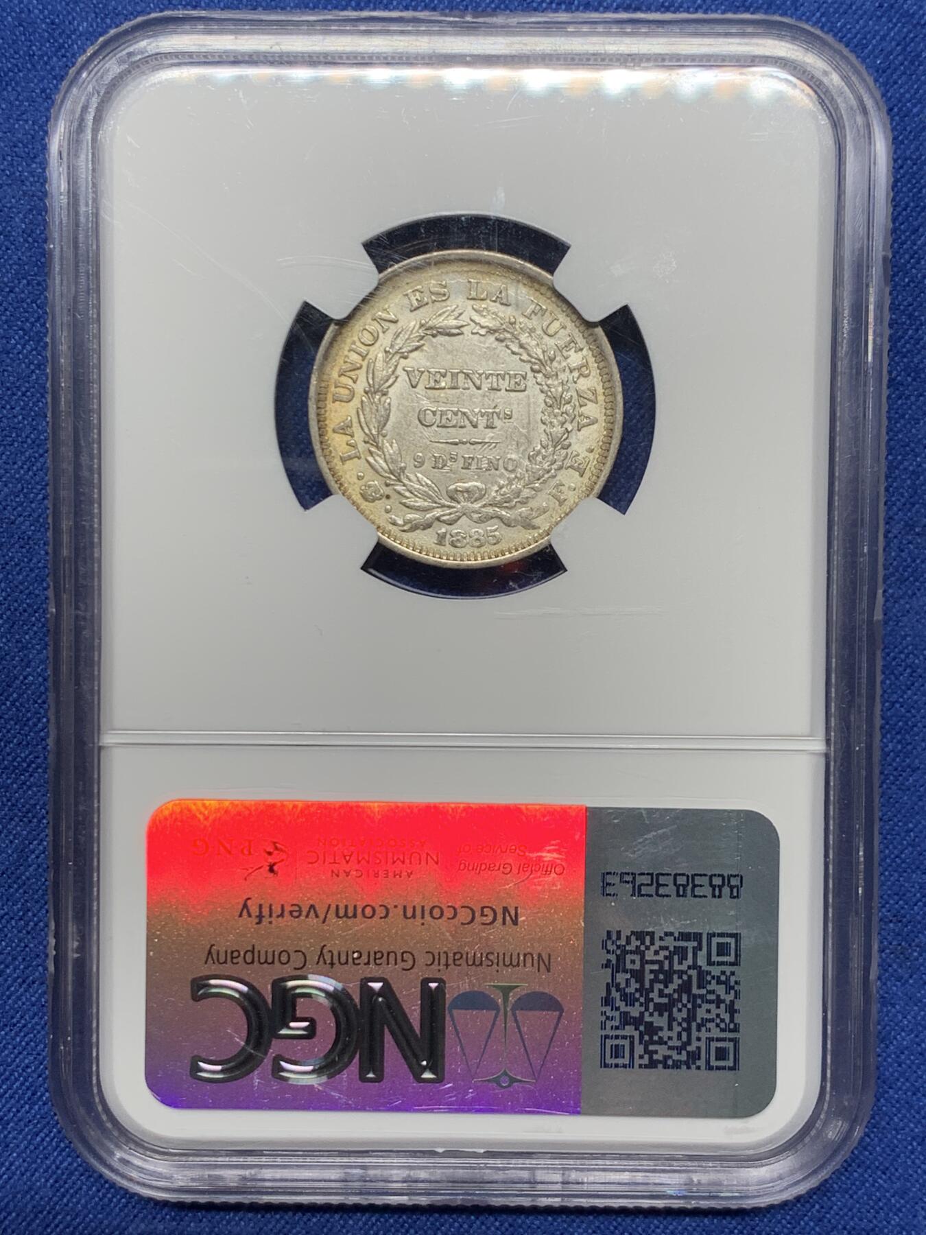 《竞宝斋》第359场 周日，周一  2场连拍 （全场包邮） NGC MS62 玻利维亚1885年20分银币