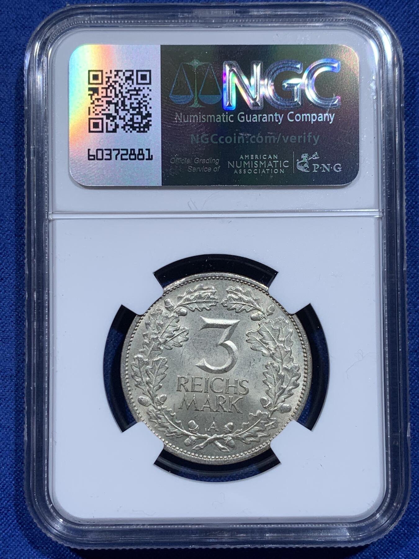 《竞宝斋》第359场 周日，周一  2场连拍 （全场包邮） NGC MS63 德国魏玛共和国1925年A版魏玛莱茵千年3马克银币