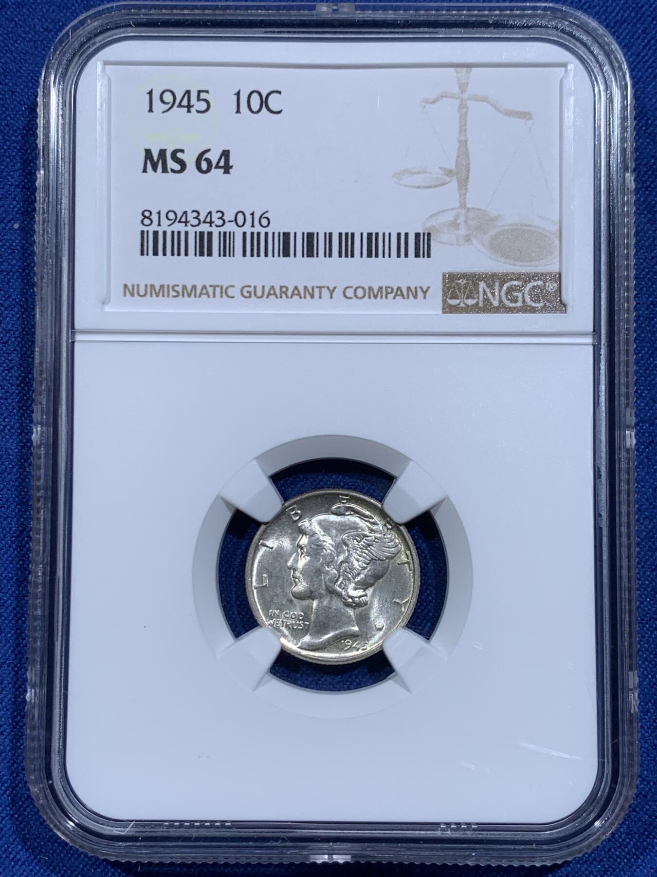 《竞宝斋》第359场 周日，周一  2场连拍 （全场包邮） NGC MS64 美国1945年小飞人10分银币 两面转光 细节不错 64分性价比高
