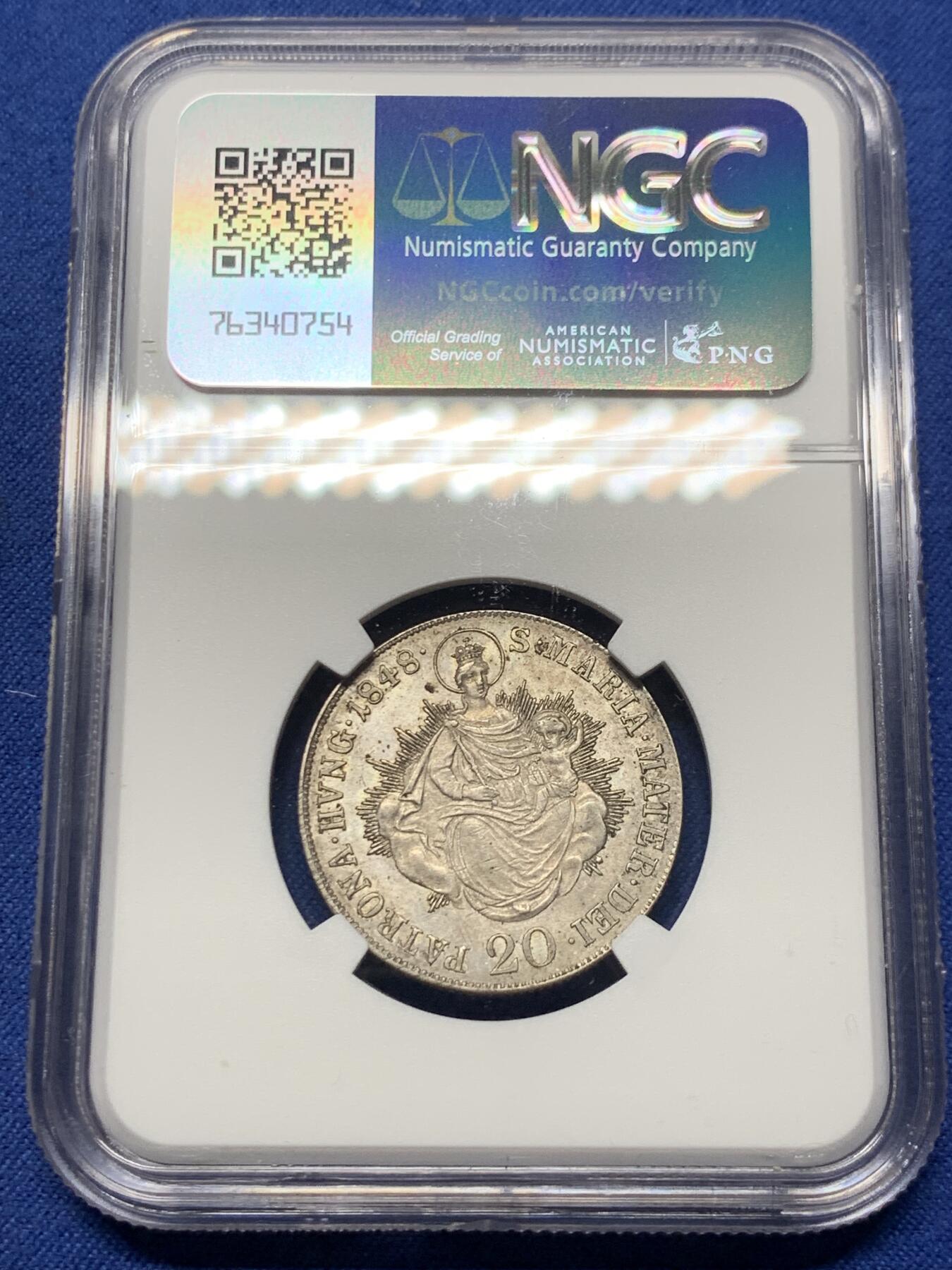 《竞宝斋》第359场 周日，周一  2场连拍 （全场包邮） NGC AU58 匈牙利王国1848年斐迪南一世独立战争时期20k银币 背圣母抱婴