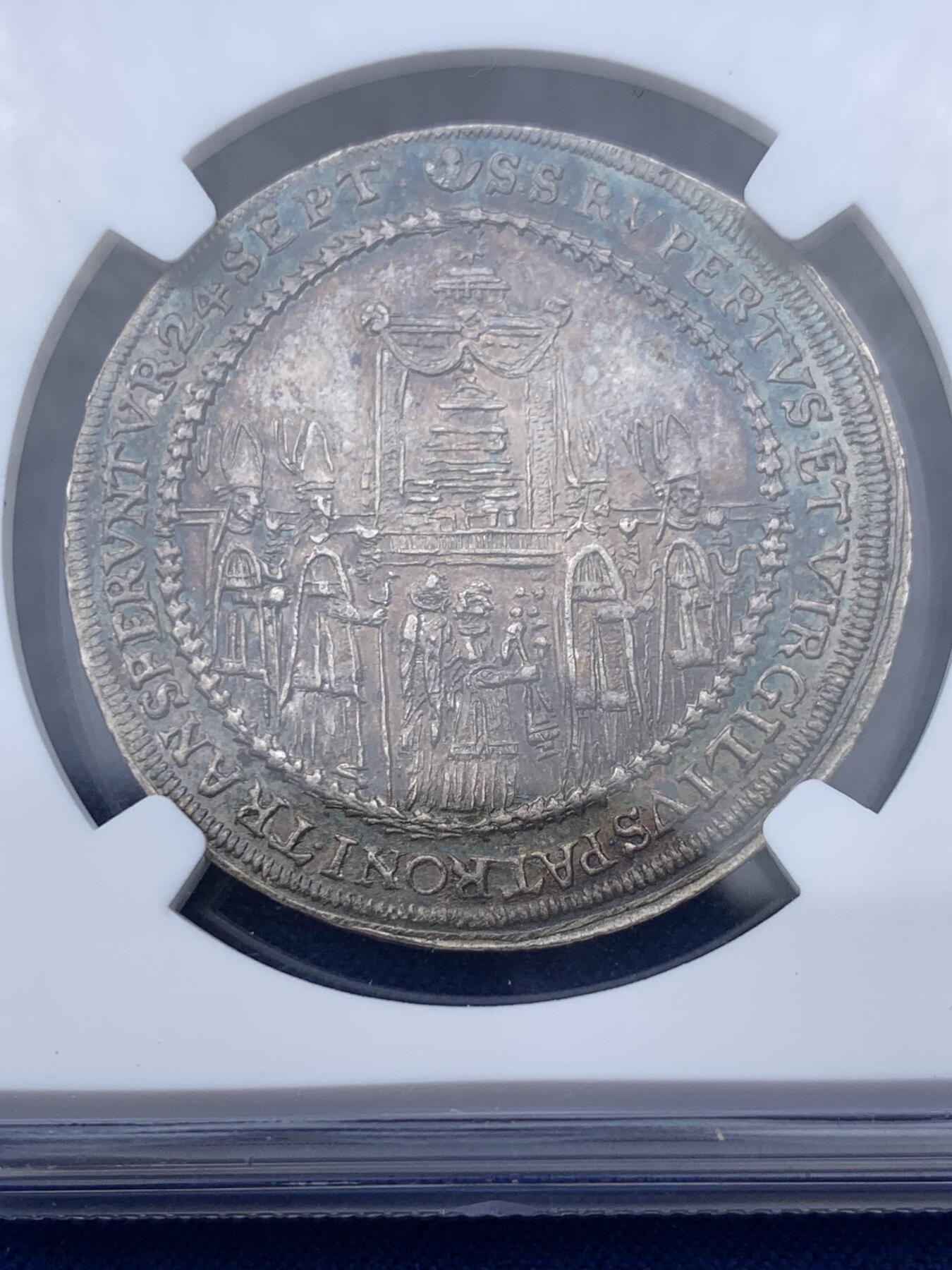 《竞宝斋》第359场 周日，周一  2场连拍 （全场包邮） NGC MS62 神圣罗马帝国萨尔茨堡 1628年 1/2泰勒 银币 稀少高分，俗称圣人抬棺银币。棺中相传为纯金版《摩西十诫》。醇美原味包浆。